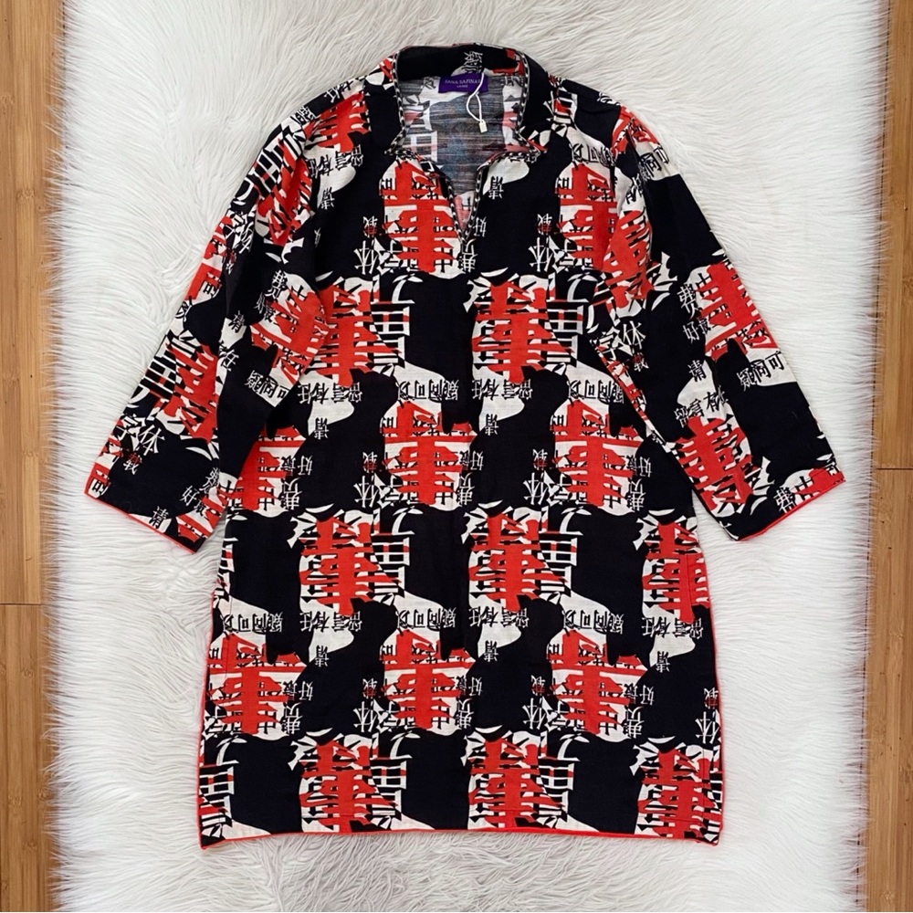 Sana Safinaz Black Red Chinese Print Pakistani Kurta Kameez Tunic Dress Kurti L